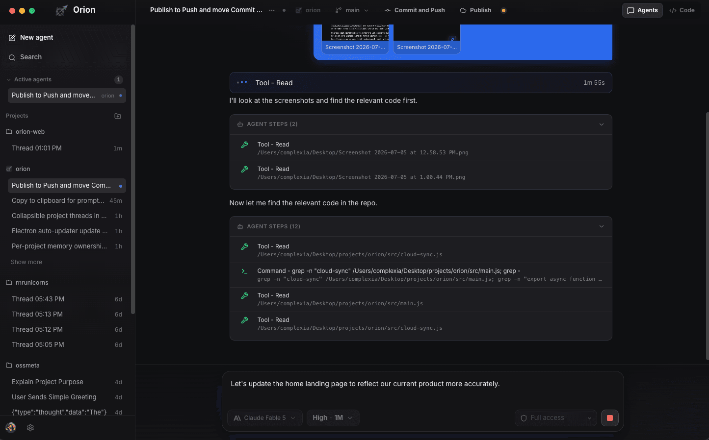 Orion Agents view showing an agent thread with collapsible tool-call steps, projects in the sidebar, and Commit and Push and Publish actions in the title bar